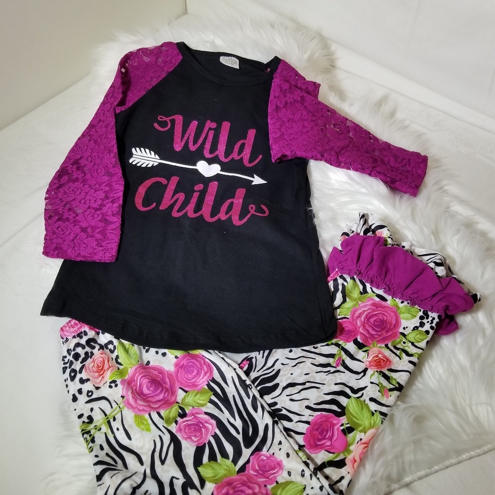 Girls Outfit Wild Child Pink & Black Animal Print